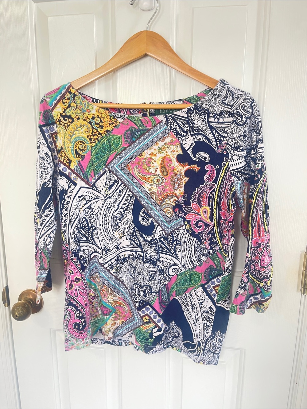 Lauren Ralph Lauren Paisley Print Boatneck Top Womens XL  Navy  Pink  Sleeve